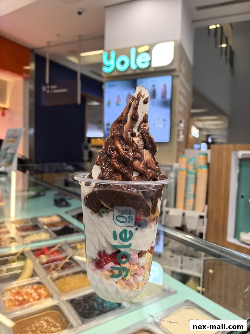 A delicious frozen yogurt dessert with chocolate sauce and fruit toppings from Yolé Nex.