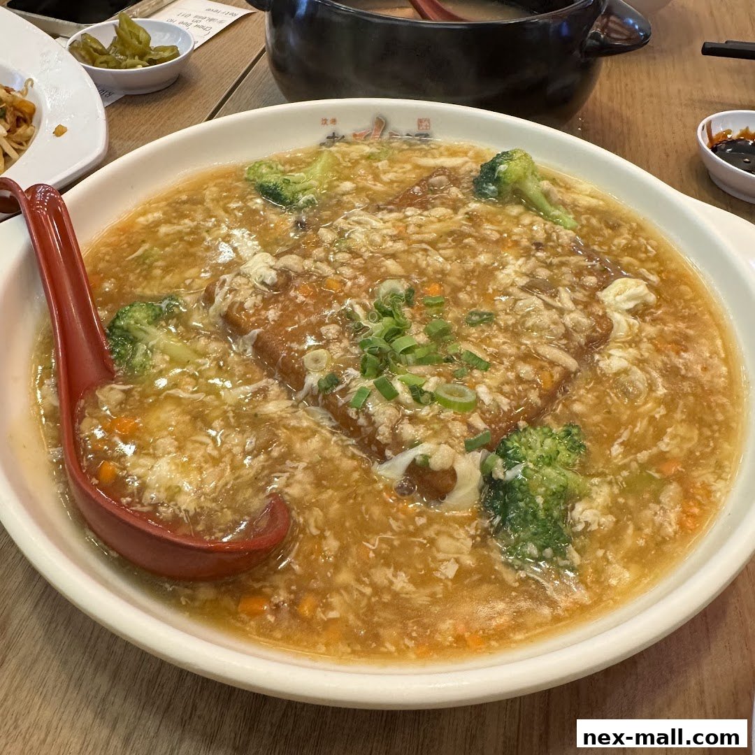 A close-up of a hearty bowl of soup with tofu, broccoli, and carrots, garnished with scallions.