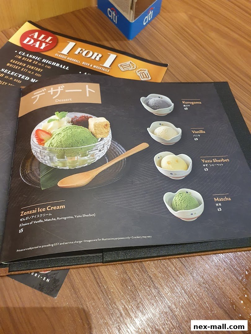 A menu featuring Japanese desserts, including ice cream and sherbet options.