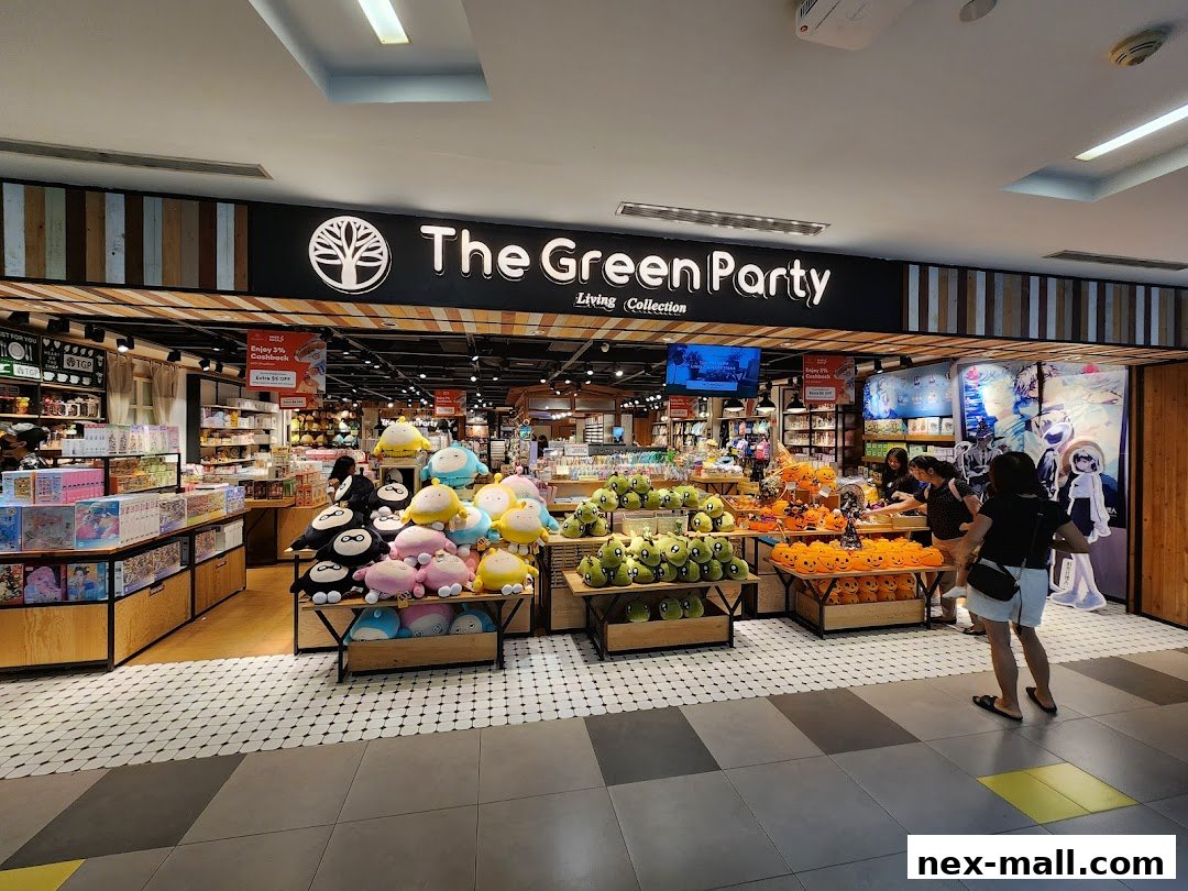The Green Party shop interior, filled with plush toys and Halloween decorations.