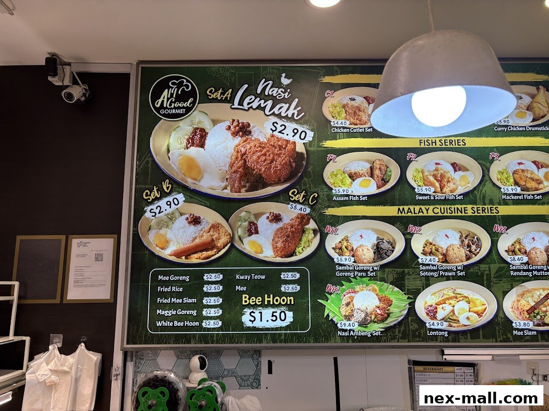 A menu board displaying various Nasi Lemak sets, fish dishes, and Malay cuisine.