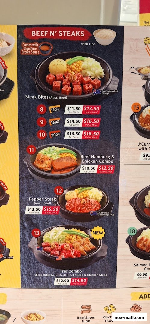 A menu display featuring various beef steak dishes and combos with prices.