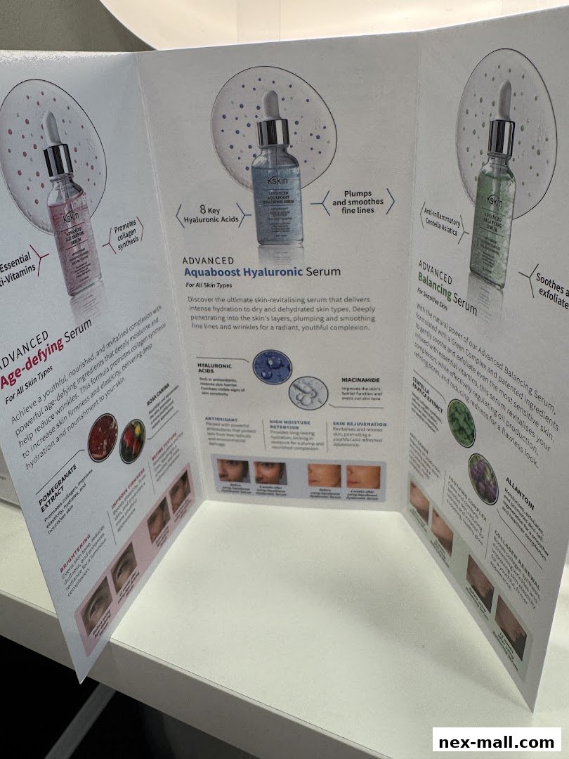 Brochure showcasing Kskin Korean Express Facial serums and their benefits.