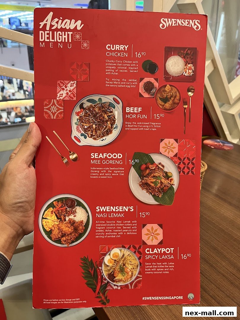 A Swensen's Asian Delight menu featuring various dishes with descriptions and prices.