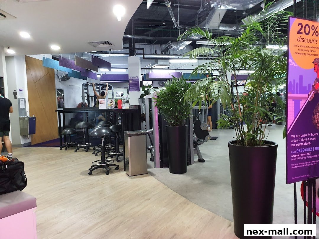 Interior of a modern gym with exercise equipment, plants, and a promotional poster.