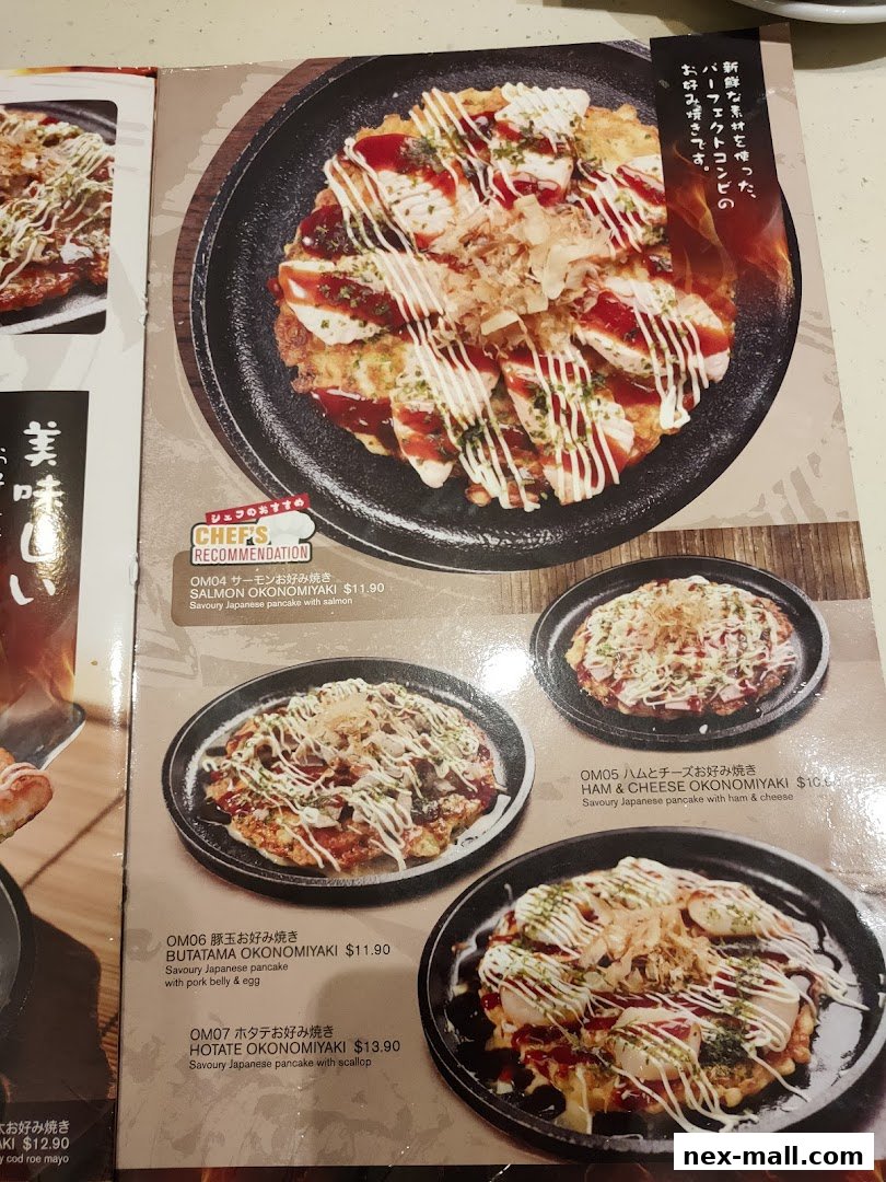 A menu page showcasing various savory Japanese pancakes (Okonomiyaki) with detailed descriptions and prices.