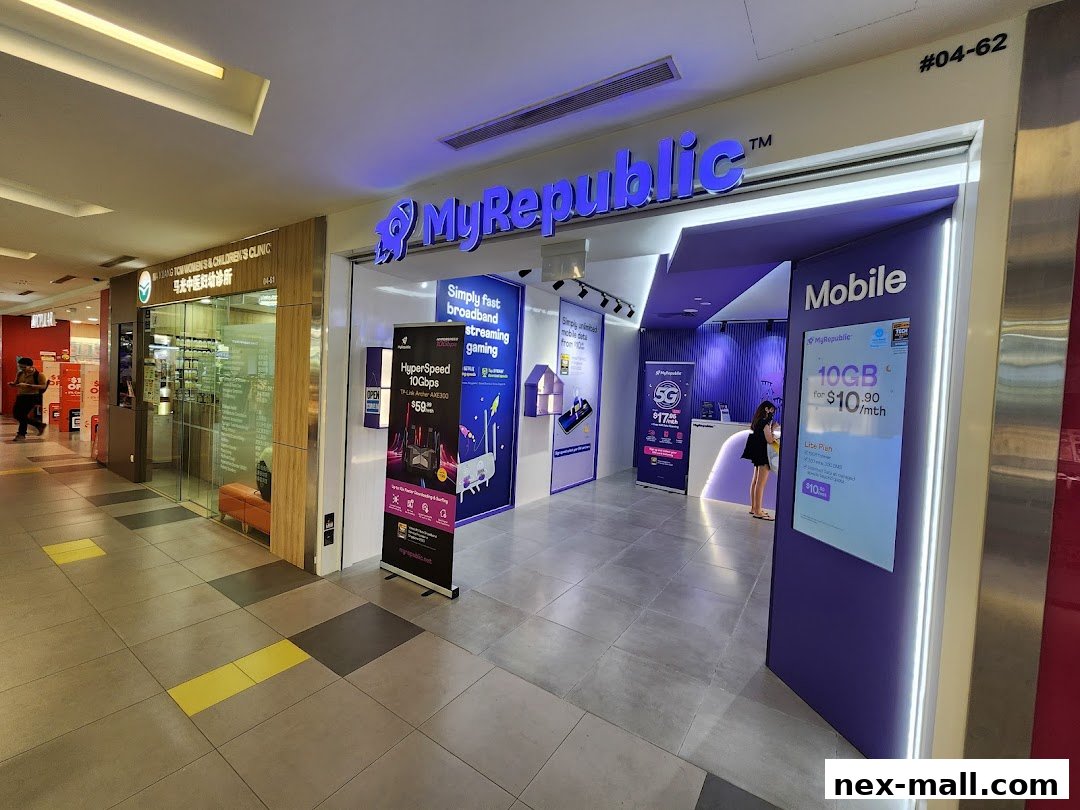 The MyRepublic store entrance with promotional displays for broadband and mobile plans.