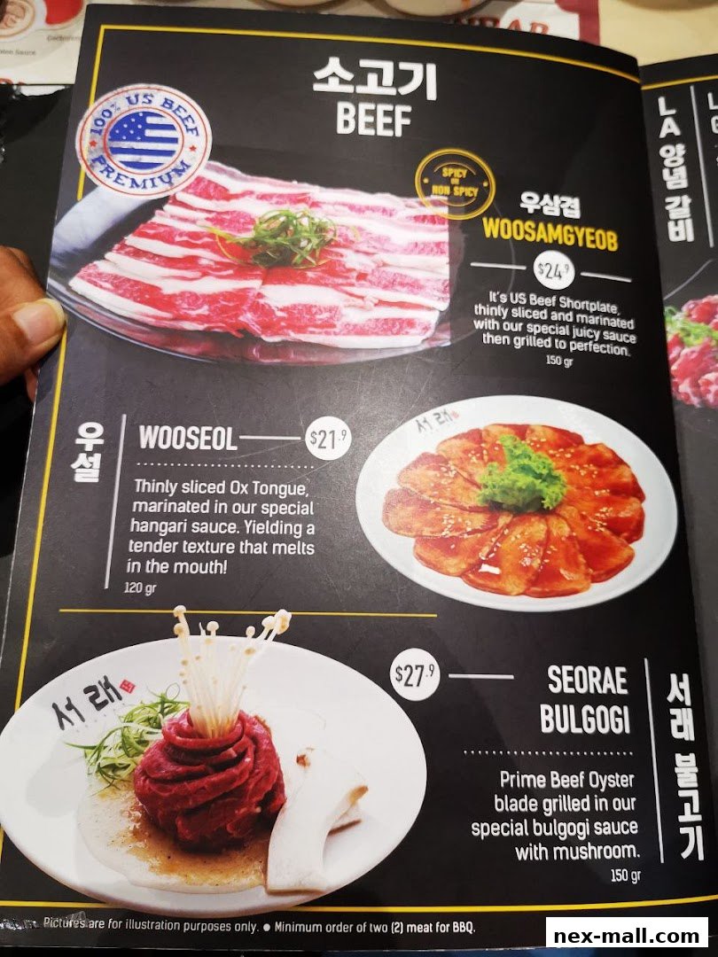 A menu page showcasing premium beef dishes with detailed descriptions and prices.