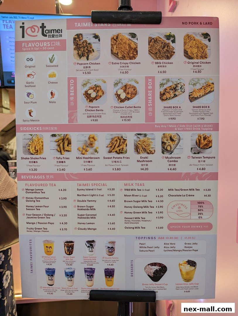 A menu board for "I Love Taimei" featuring various Taiwanese fried chicken, side dishes, flavored teas, milk teas, and desserts.
