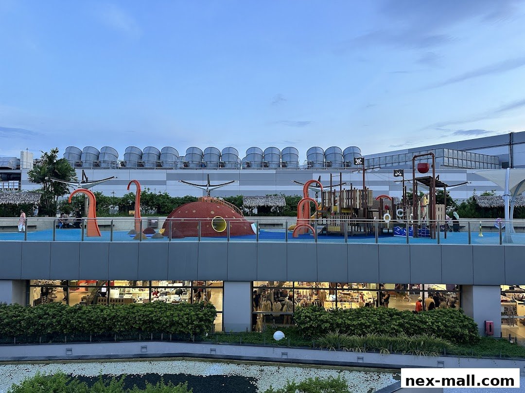 A rooftop playground with pirate-themed structures and water play features.