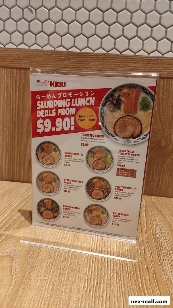 A menu for Ramen Kiou featuring various tonkotsu ramen dishes and lunch deals.