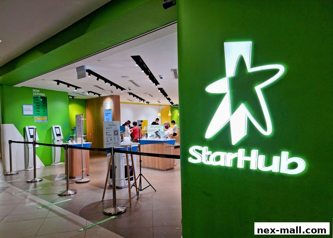 The StarHub shop front with its prominent logo and interior displays visible.
