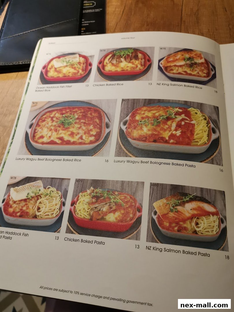 A menu page from COLLINS NEX featuring various baked rice and pasta dishes with appetizing photos.