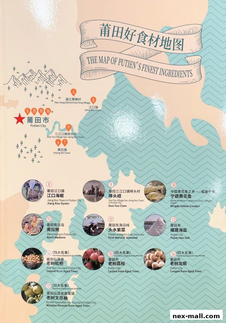 A map showcasing Putian's finest ingredients with illustrations and locations.