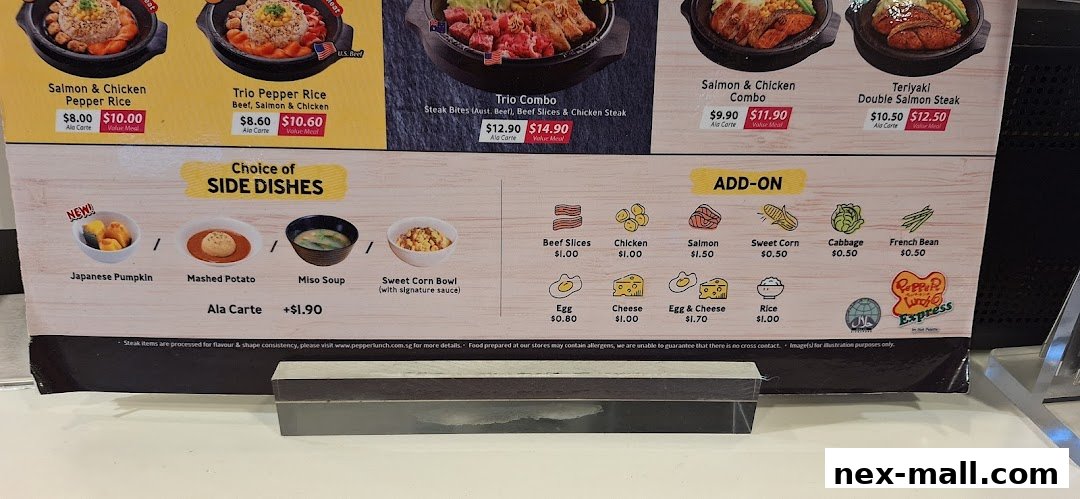 A menu board displaying various Pepper Lunch Express meals and add-on options.
