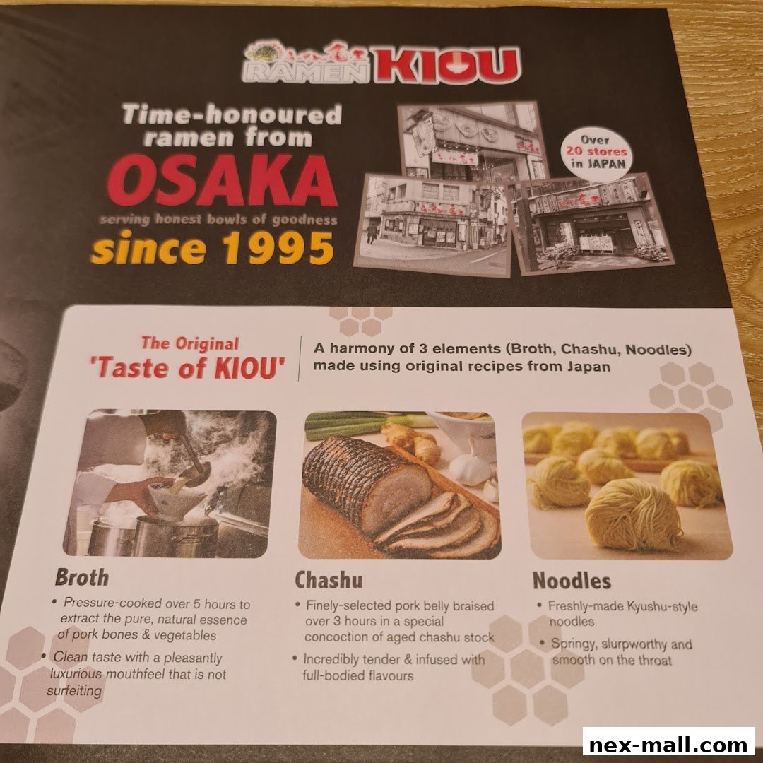 A menu highlighting Ramen Kiou's signature broth, chashu, and noodles.
