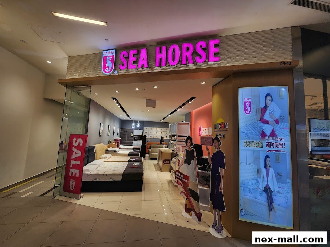 The Sea Horse store entrance displays beds, a sale banner, and promotional images of models.