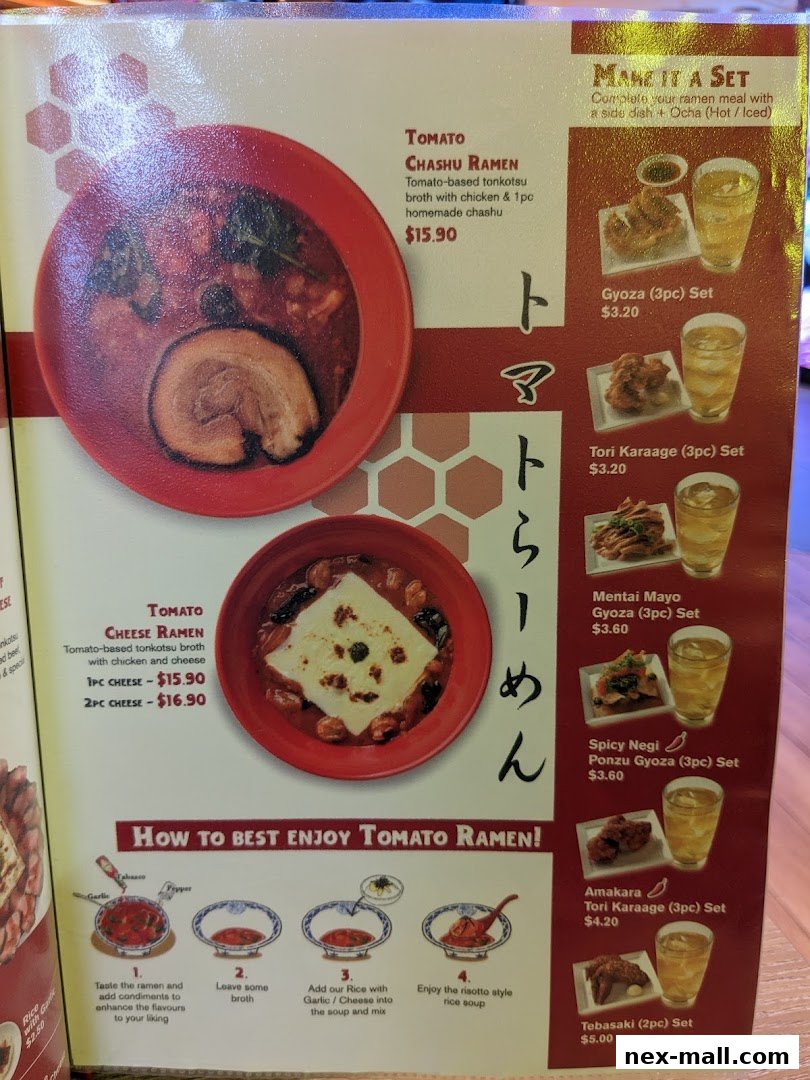 A menu featuring tomato ramen dishes and various side sets with drinks.