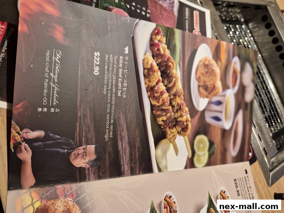 A menu from Yakiniku-GO featuring Satay Beef Kushi Set and Satay Pork Kushi Set.