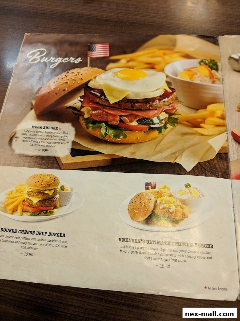 A menu page showcasing three different burger options with detailed descriptions and prices.