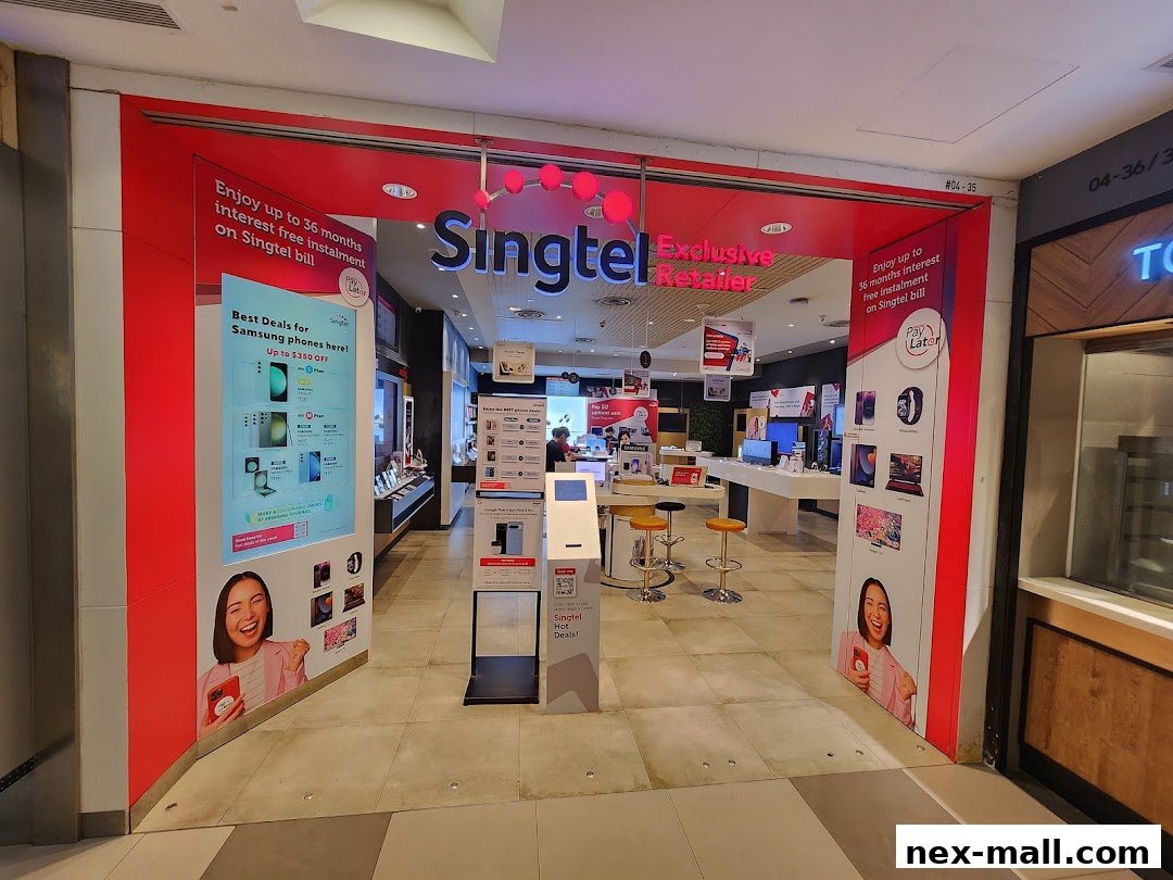The entrance of a Singtel Exclusive Retailer shop with promotional displays and products inside.