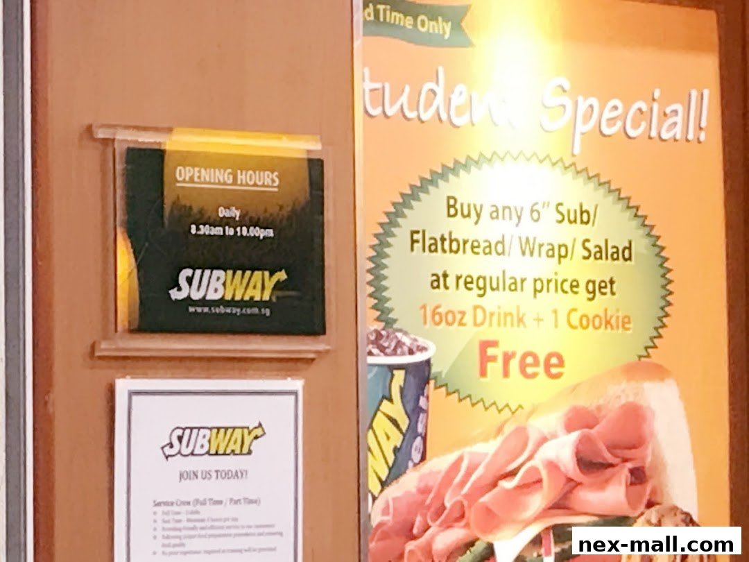 A Subway restaurant sign advertising a student special offer with a sandwich and drink.