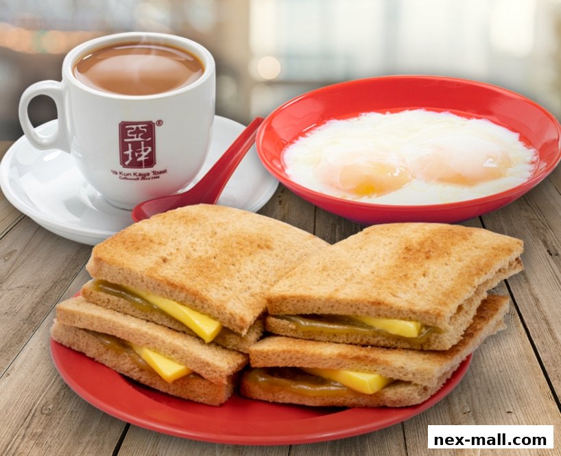 A classic Ya Kun Kaya Toast set featuring kaya toast, soft-boiled eggs, and coffee.