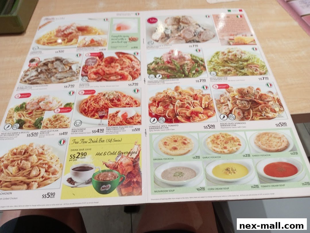 A menu from Saizeriya featuring various pasta dishes, focaccia, and soups with prices.