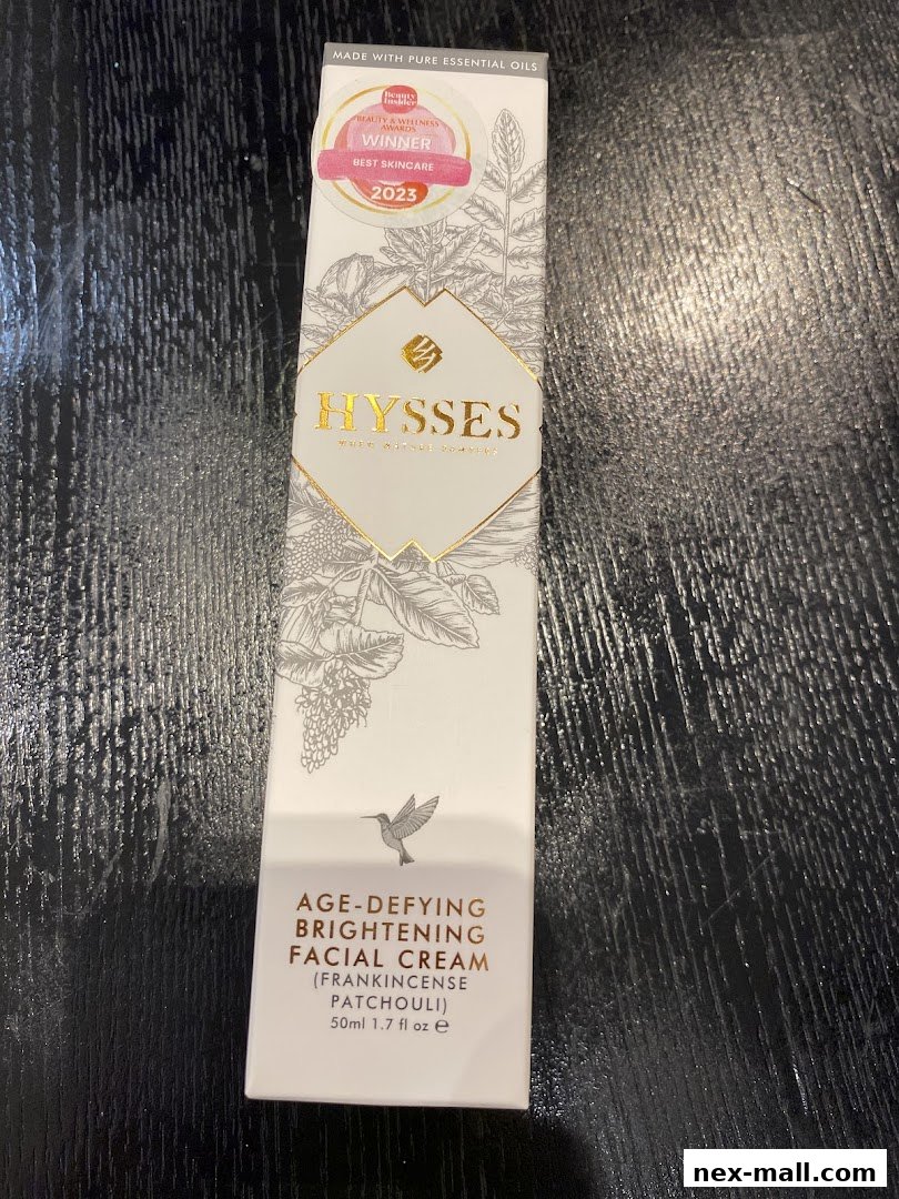 A box of HYSSES Age-Defying Brightening Facial Cream with Frankincense and Patchouli.