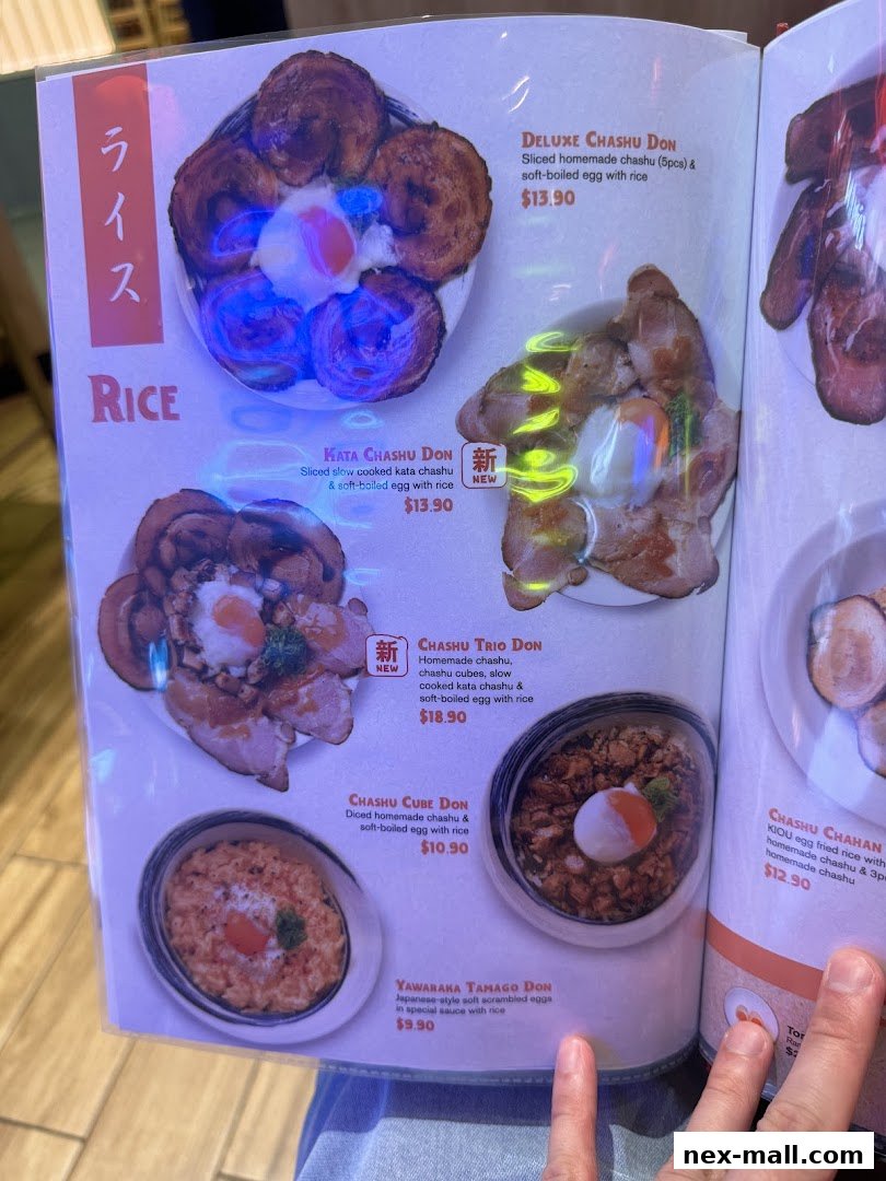 A menu page showcasing various Japanese rice bowls with chashu pork and eggs.