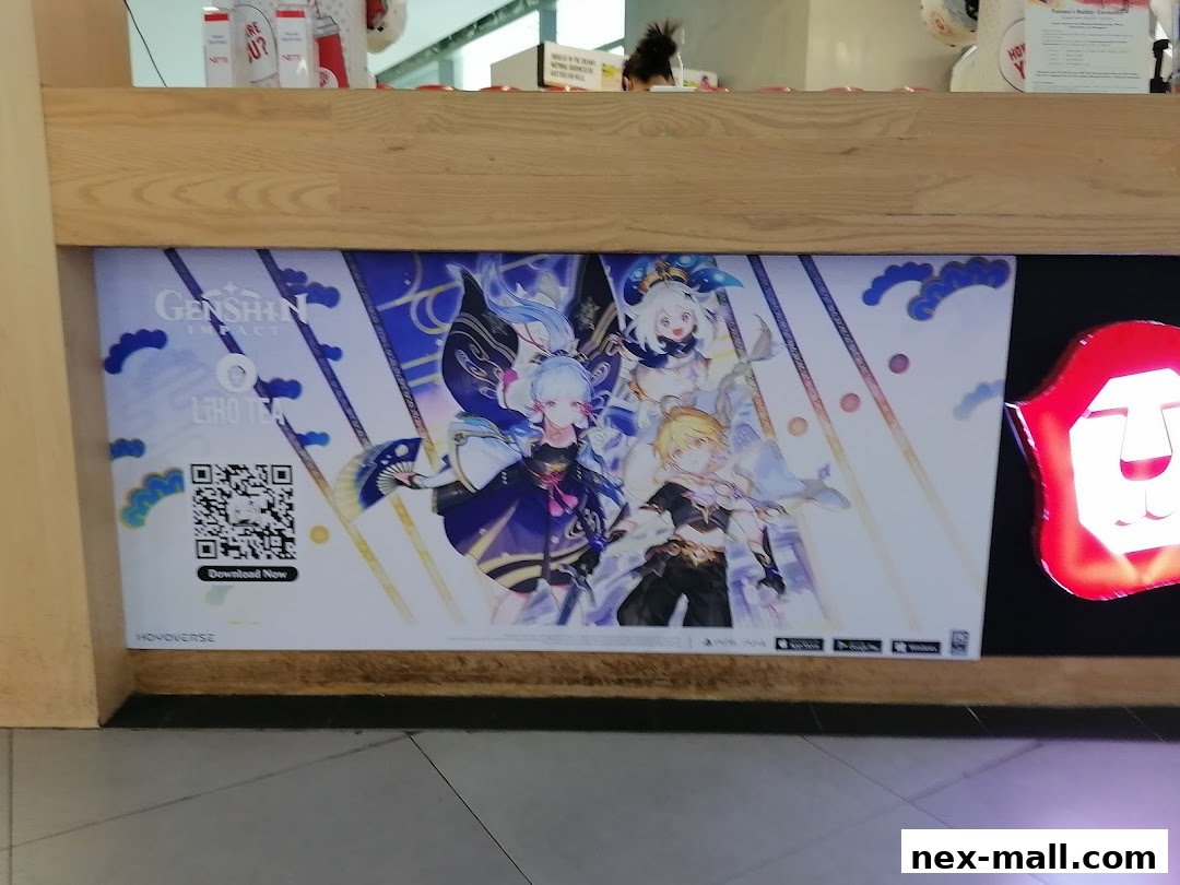 LiHO TEA NEX shop front with Genshin Impact advertisement and a glowing lion logo.
