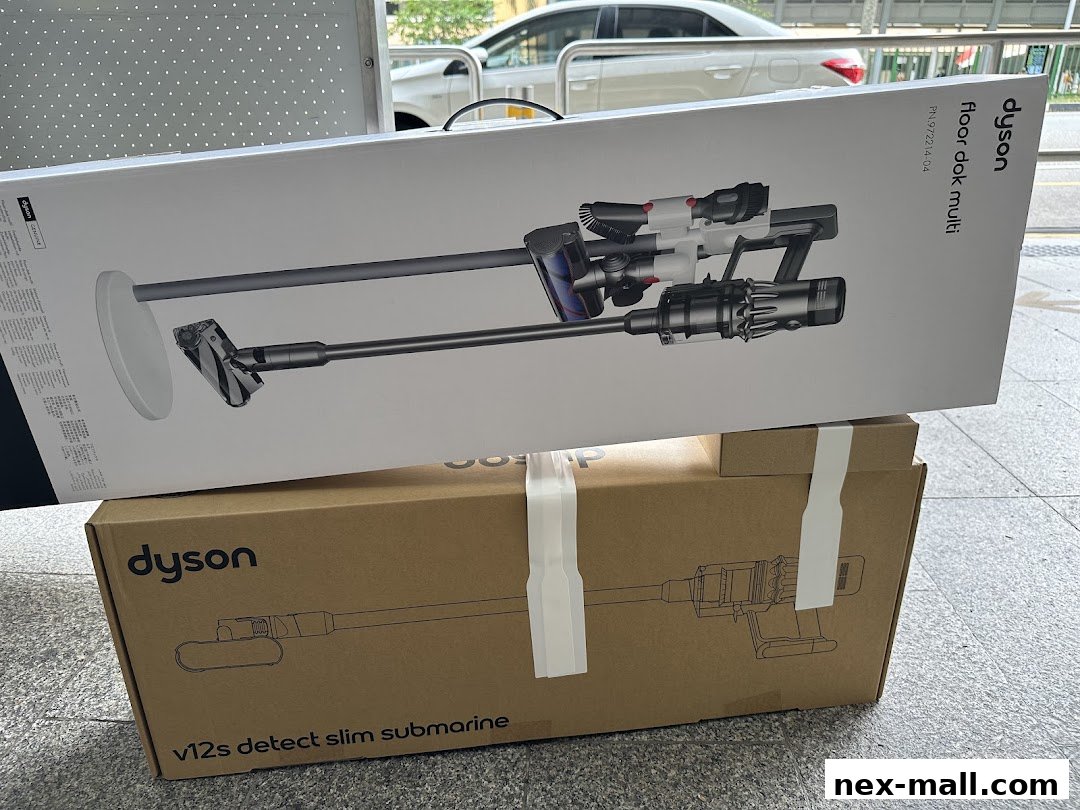 Two Dyson vacuum cleaner boxes, one for the floor dok multi and one for the v12s detect slim submarine.