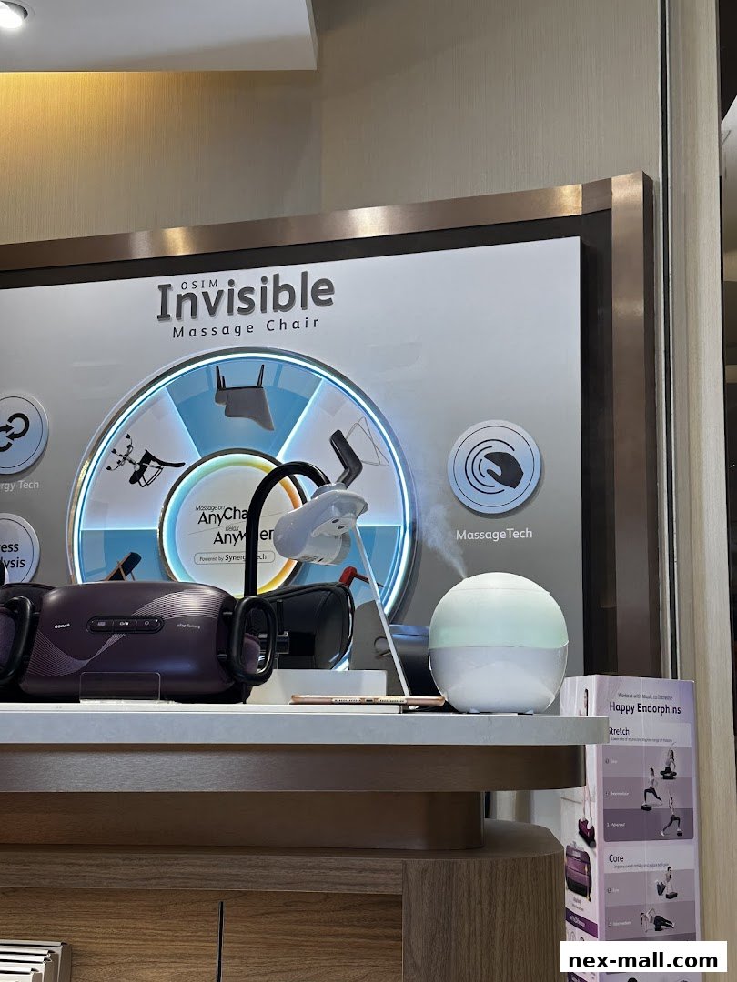 OSIM Nex shop display featuring the Invisible Massage Chair and other wellness products.