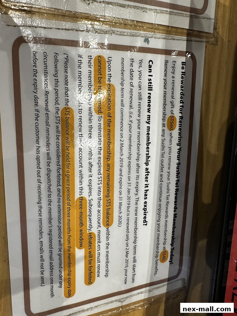 A close-up of a promotional flyer for Sushi Tei Rewards membership renewal.
