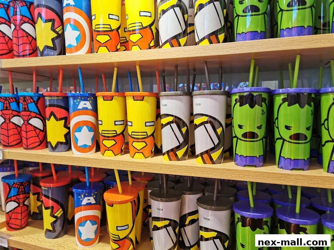 Shelves filled with Marvel-themed tumblers featuring characters like Spider-Man, Captain America, Iron Man, and Hulk.