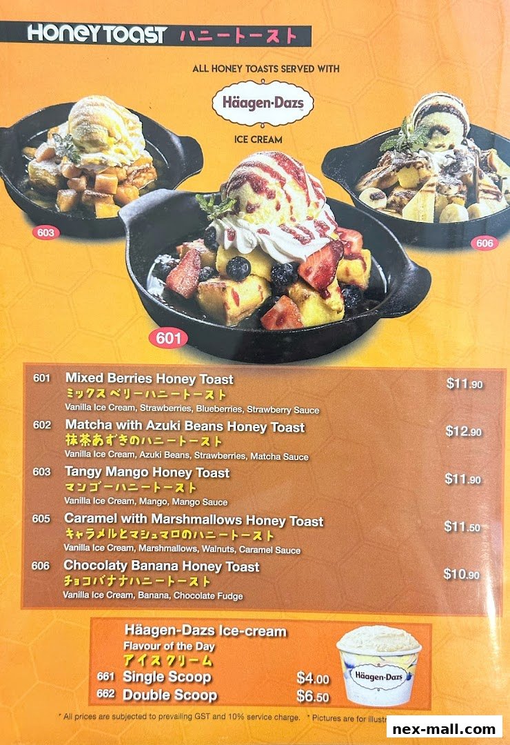 A menu featuring various honey toast flavors served with Haagen-Dazs ice cream.