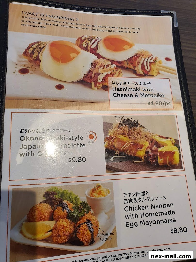 A menu featuring Japanese dishes like Hashimaki, Okonomiyaki-style Omelette, and Chicken Nanban.