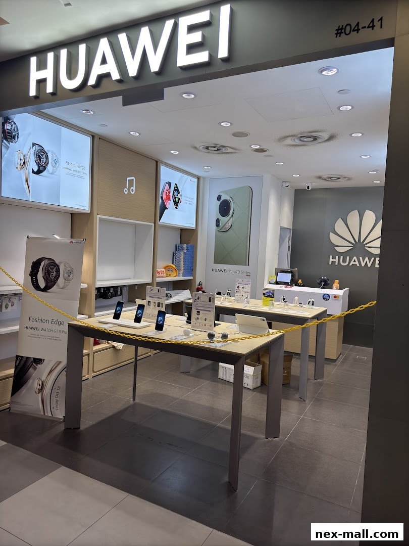 The Huawei Concept Store NEX features a clean, modern interior with display tables showcasing phones and watches.