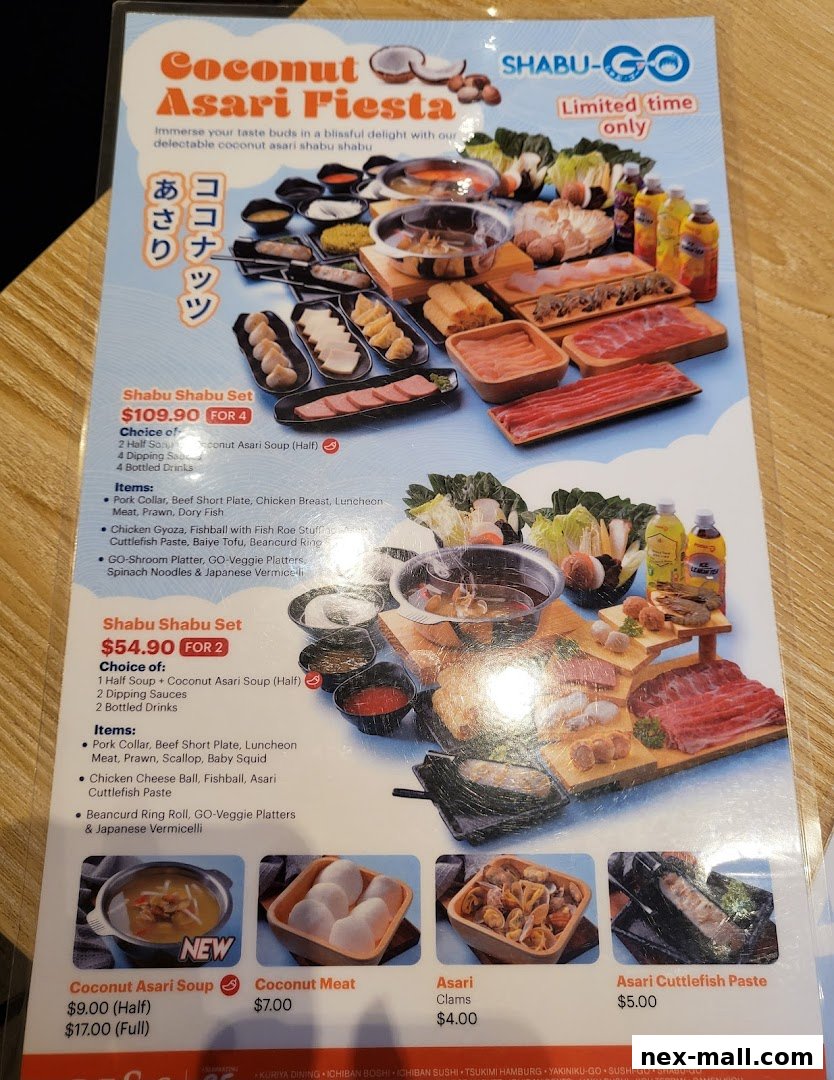 A menu for Shabu-Go featuring Coconut Asari Fiesta shabu shabu sets and individual items.