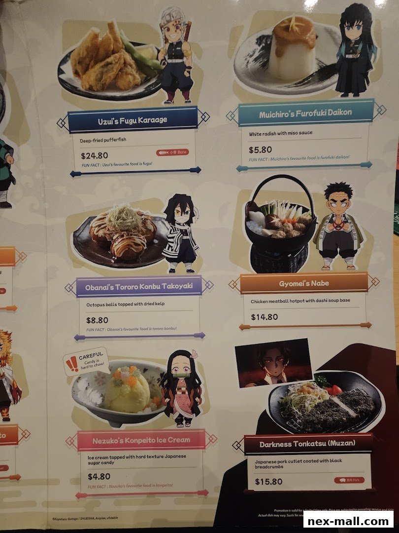 A menu from Sushi Tei featuring Japanese dishes inspired by anime characters.