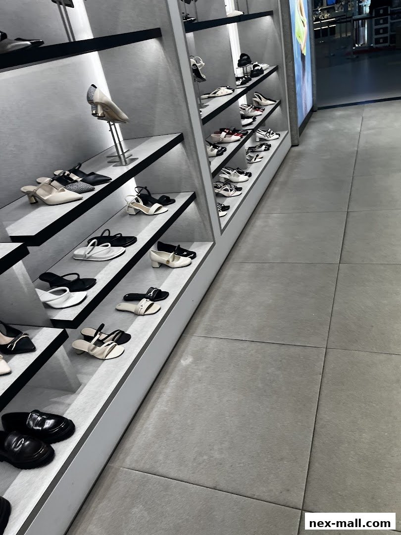 A display of stylish women's shoes on shelves in a retail store.