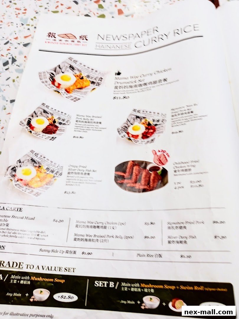 A menu from The Hainan Story Coffee House featuring Hainanese Curry Rice dishes and value sets.