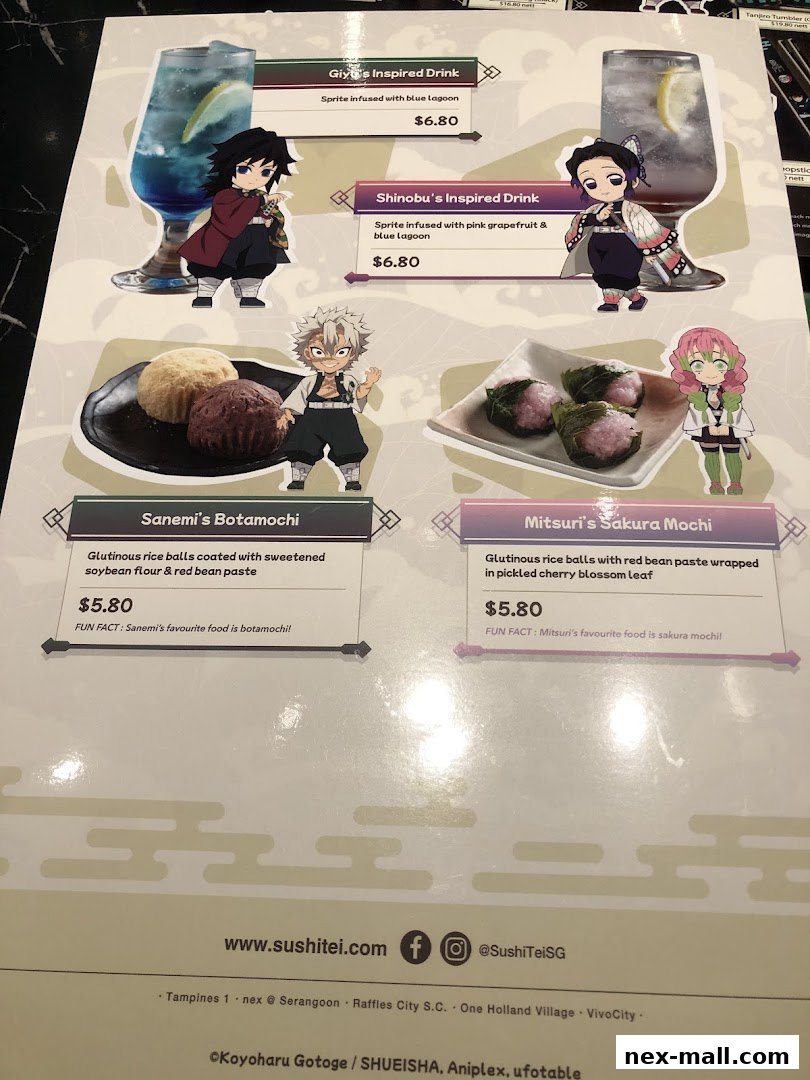 A menu from Sushi Tei featuring drinks and desserts inspired by anime characters.