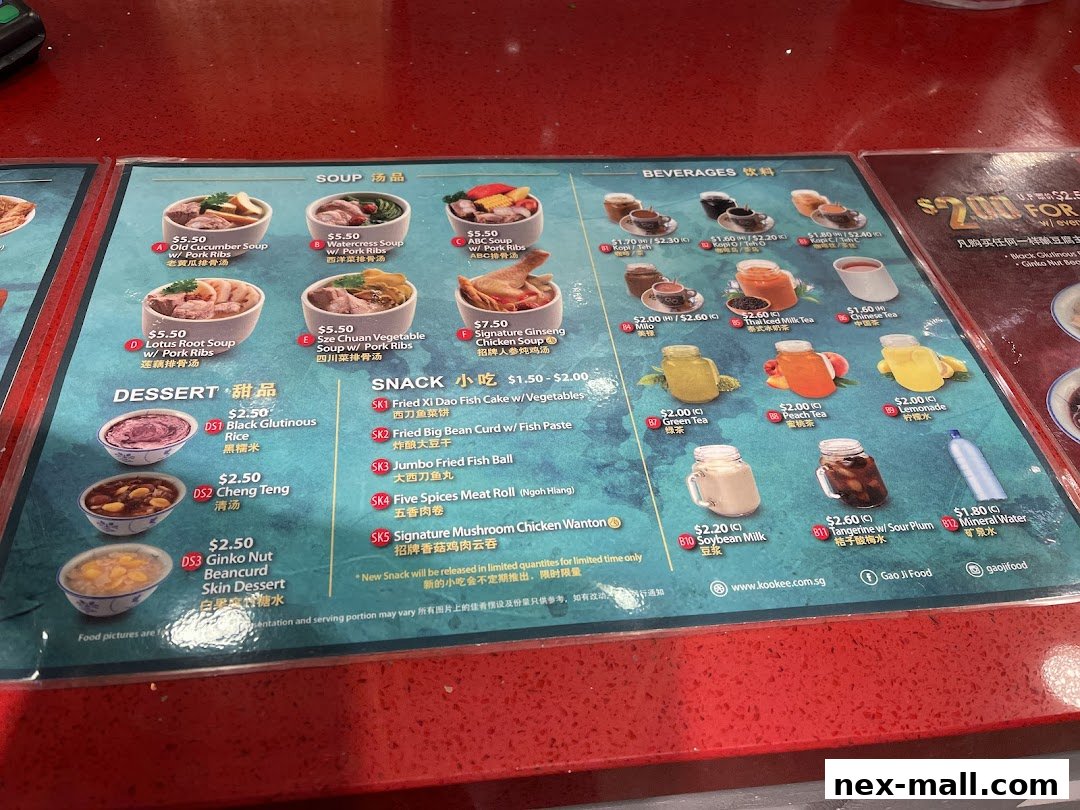 A menu displaying soups, desserts, snacks, and beverages with prices and images.