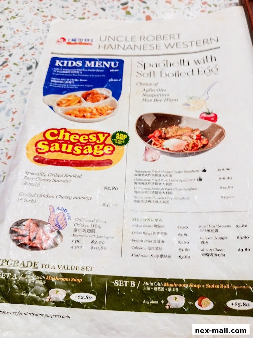 A menu from Uncle Robert Hainanese Western featuring spaghetti, sausages, and side dishes.