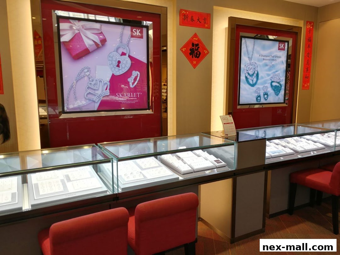 Interior view of a jewelry store with display cases filled with jewelry and promotional screens.