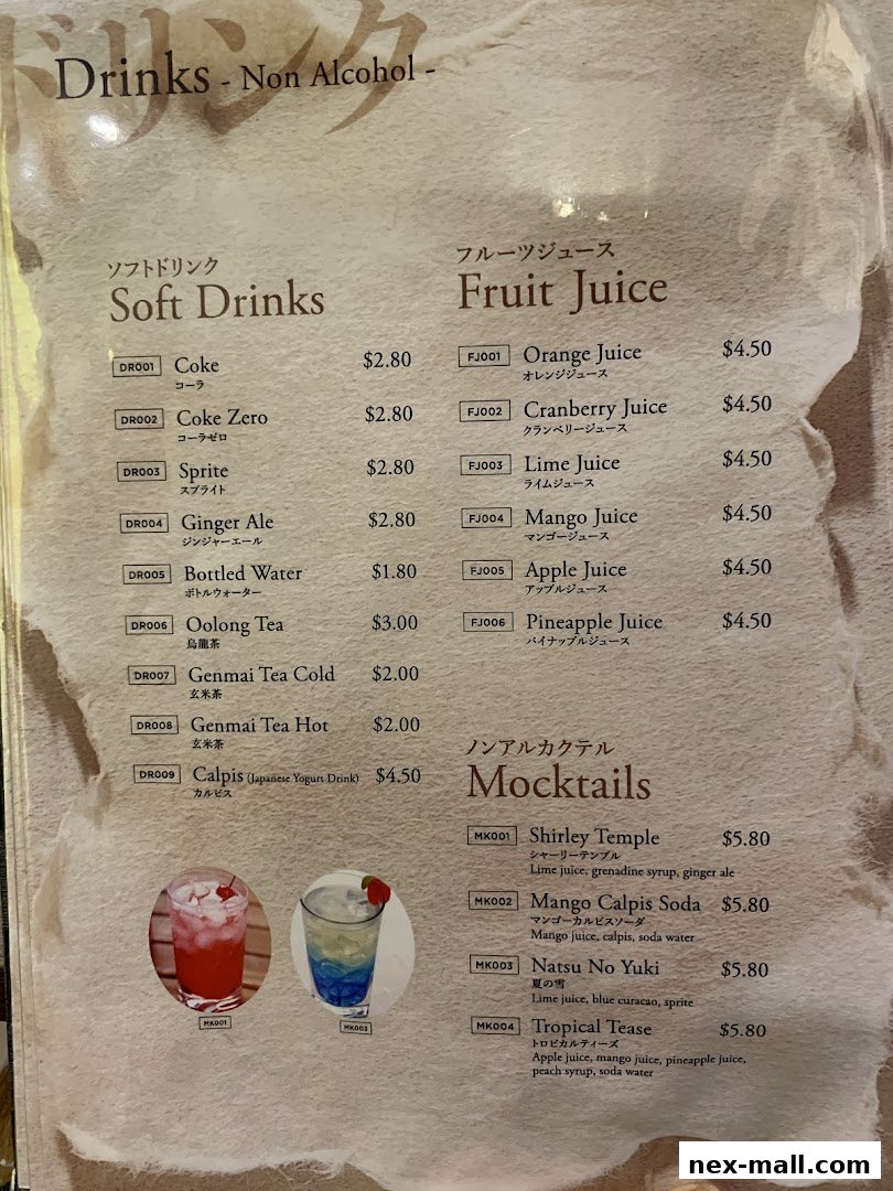 A menu featuring non-alcoholic drinks, including soft drinks, fruit juices, and mocktails.