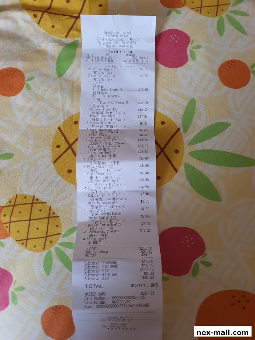 A receipt from Beauty in The Pot at NEX listing various food items and their prices.