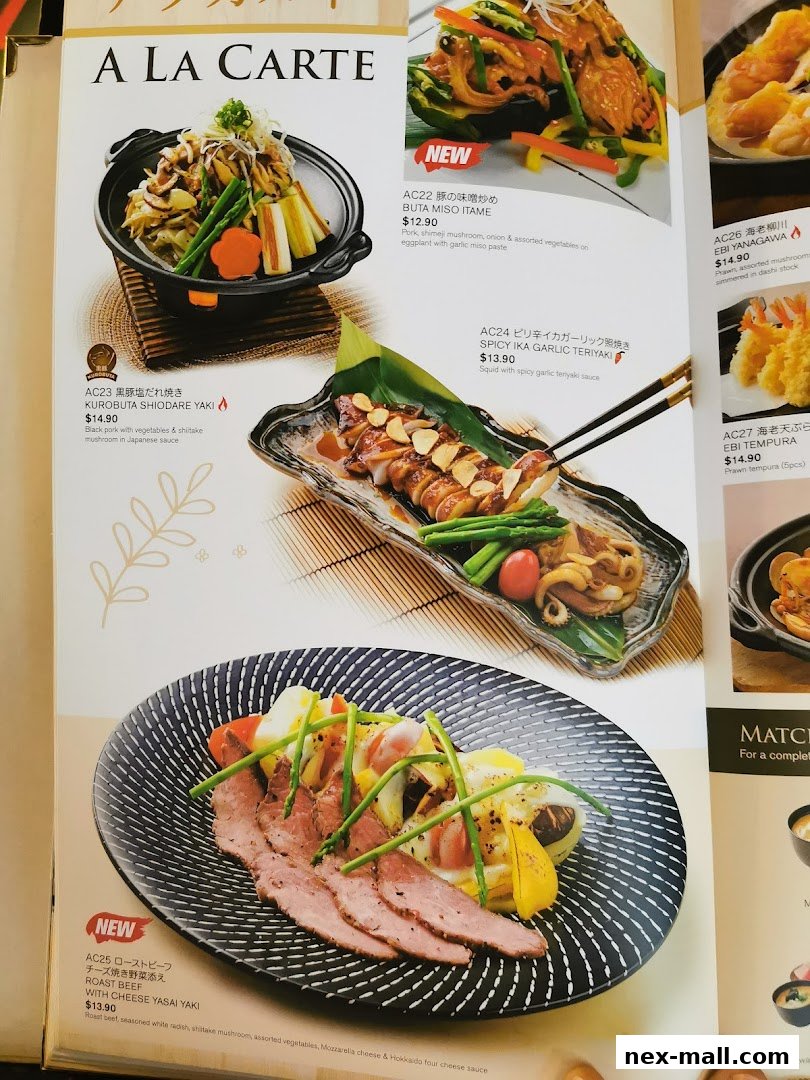 A la carte menu featuring Japanese dishes like pork, squid, and roast beef.