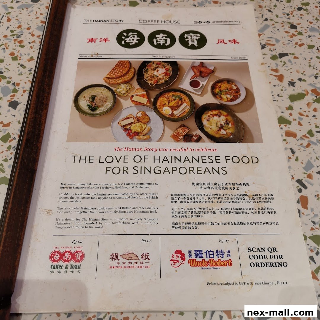 A menu showcasing various Hainanese dishes and coffee offerings from The Hainan Story.